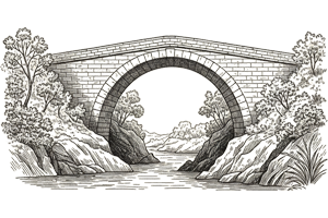 Grabado de un puente de piedra entre acantilados. Metáfora de las relaciones sanas y los límites personales.